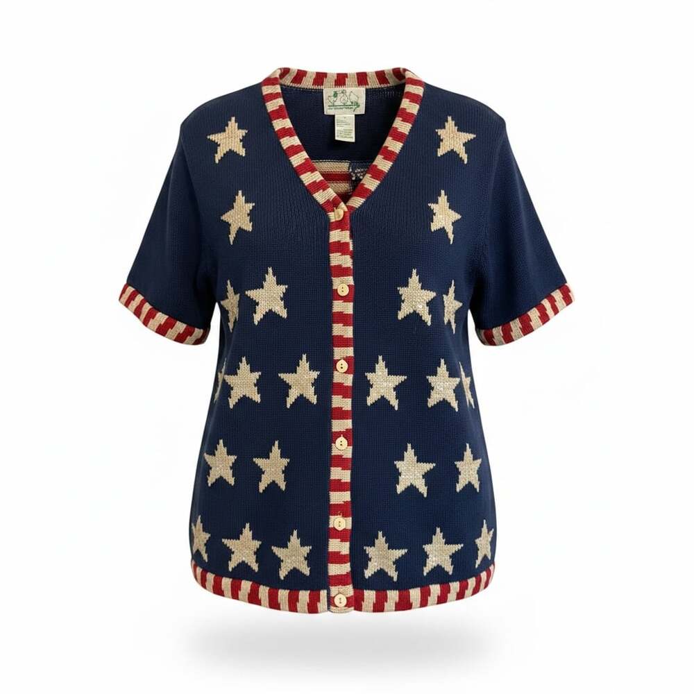 The Quacker Factory Vtg American Flag Stars&Stripes Short Sleeve Knit Cardigan S